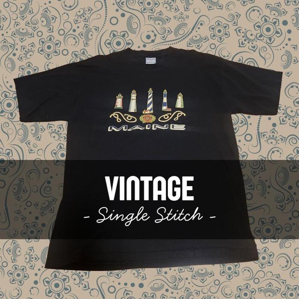 Vintage 90s Maine Lighthouses Single Stitch Black Tee XL